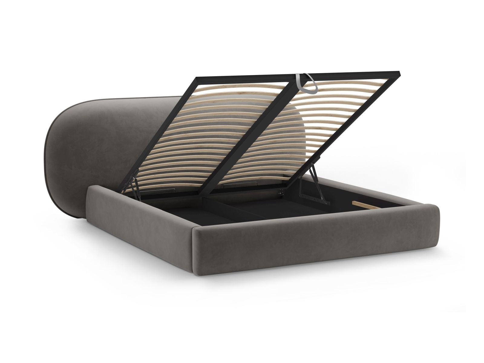 Elegantes Ovalo Bett mit 140 cm Kopfteil und praktischem Stauraum, in luxuriösem Dark Grey-Magic Velvet, ideal für moderne Schlafzimmer.