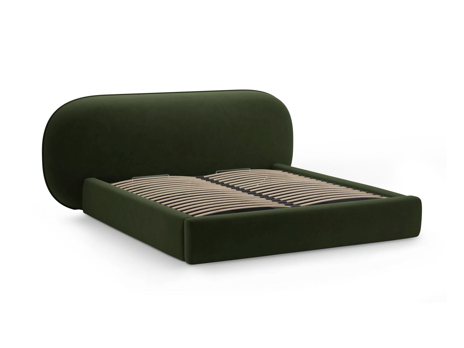 Stylisches Ovalo Bett in Army Green-Magic Velvet, ausgestattet mit praktischem Stauraum und einem ansprechenden Kopfteil für zeitgemäße Wohnräume.