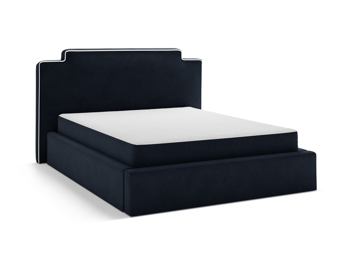 Samtbett Princess von Micadoni in Elfenbein mit gepolstertem Kopfteil, Bettkasten und Beinen aus Polypropylen, Frontansicht des Möbelstücks.
