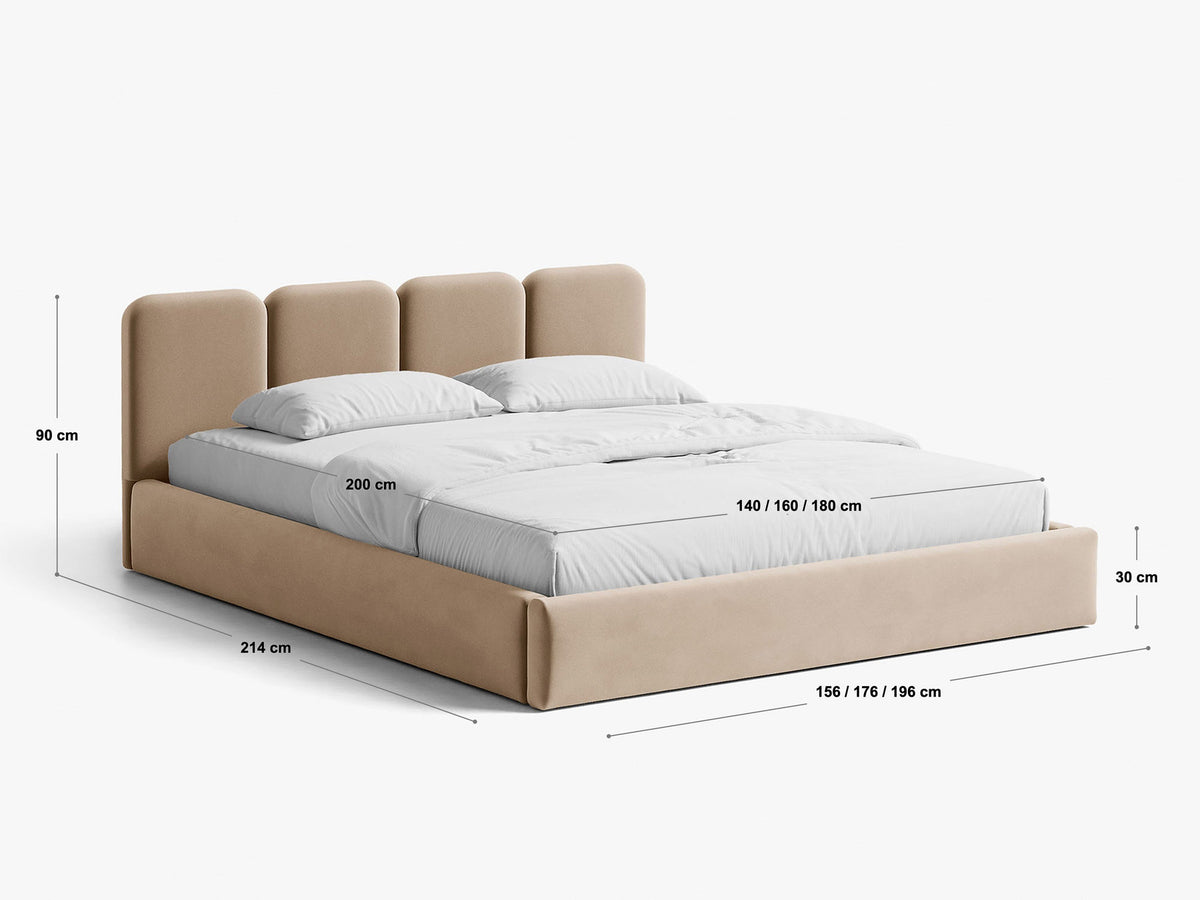 Saga Stauraumbett mit Kopfteil von Micadoni in Mandel beige, Bezug aus Magic Velvet, mit Bettkasten und schwarzen Kunststoffbeinen, 140x200 cm.