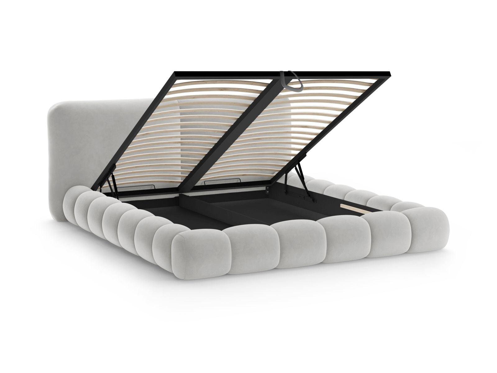 Modernes Solange Bett in sanftem Light Grey-Magic Velvet, 140 cm Kopfteil, bietet zusätzlichen Stauraum für ein aufgeräumtes Schlafzimmer.