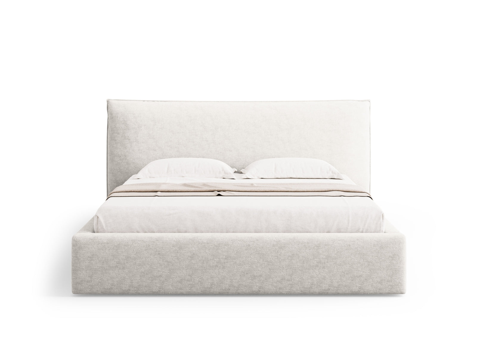 Stylisches Kaelle Bett in sanftem Beige, ausgestattet mit praktischem Stauraum und einem ansprechenden Kopfteil für zeitgemäße Schlafzimmer.