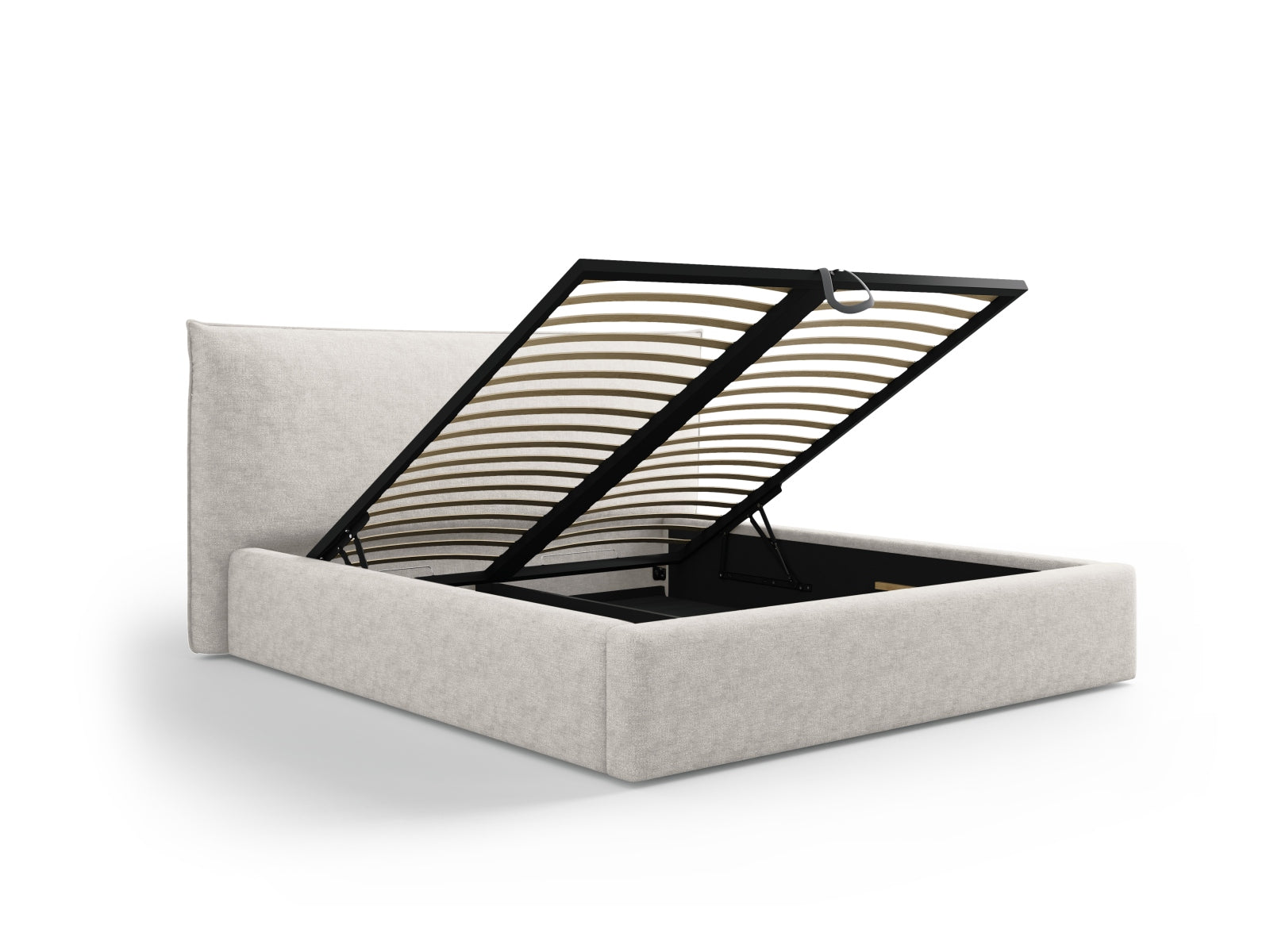 Elegantes Kaelle Bett in neutralem Beige, bietet cleveren Stauraum und ein modernes Kopfteil für ein stilvolles Schlafzimmer.