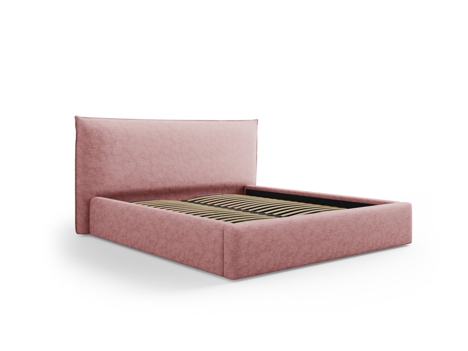 Stylisches Kaelle Bett in 140cm mit praktischem Stauraum und elegantem Headboard, ideal für moderne Schlafzimmer. In sanftem Pink.