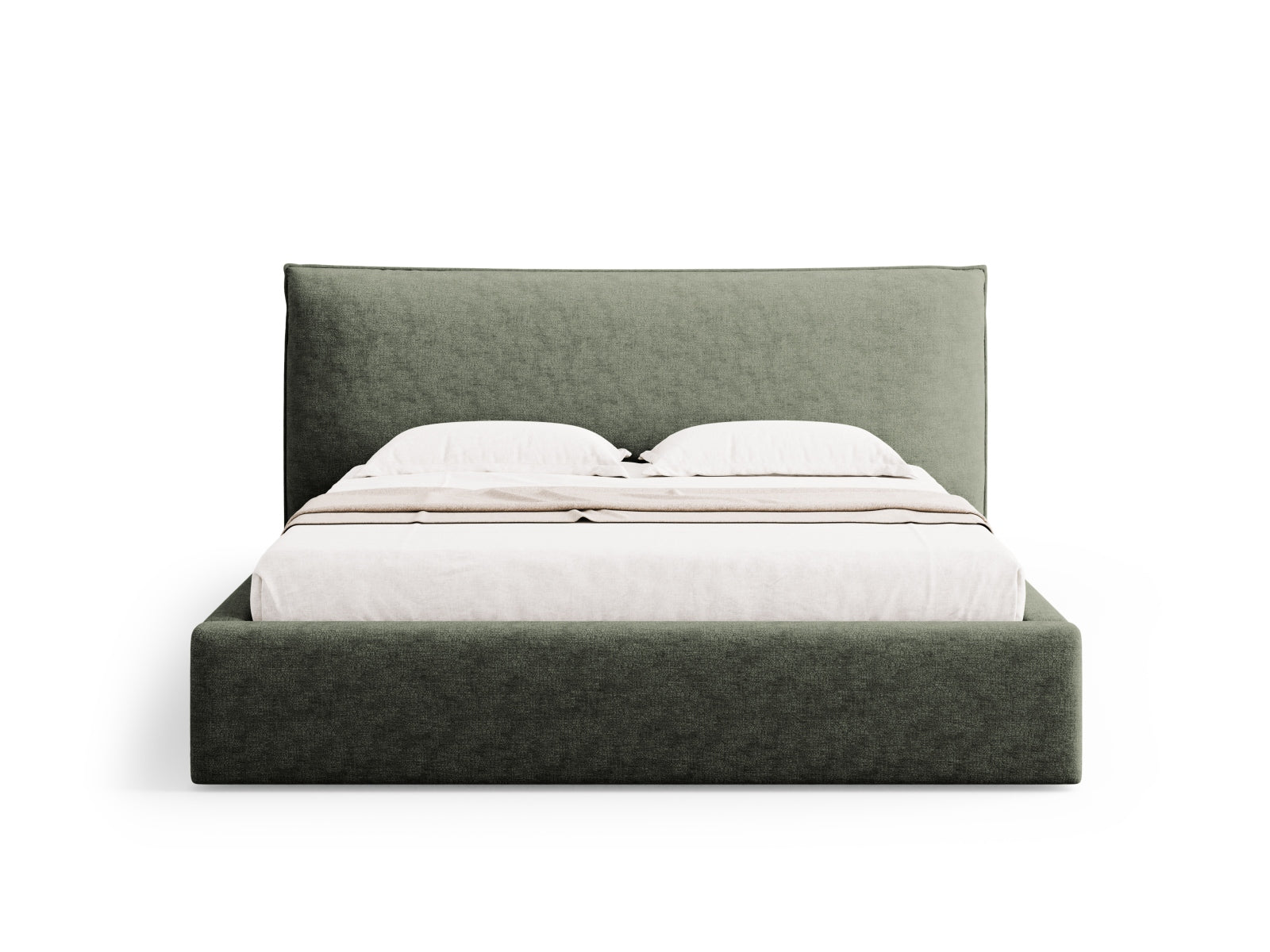 Elegantes Kaelle Bett mit integriertem Stauraum und stilvollem Kopfteil, perfekt für platzsparende und moderne Schlafräume.