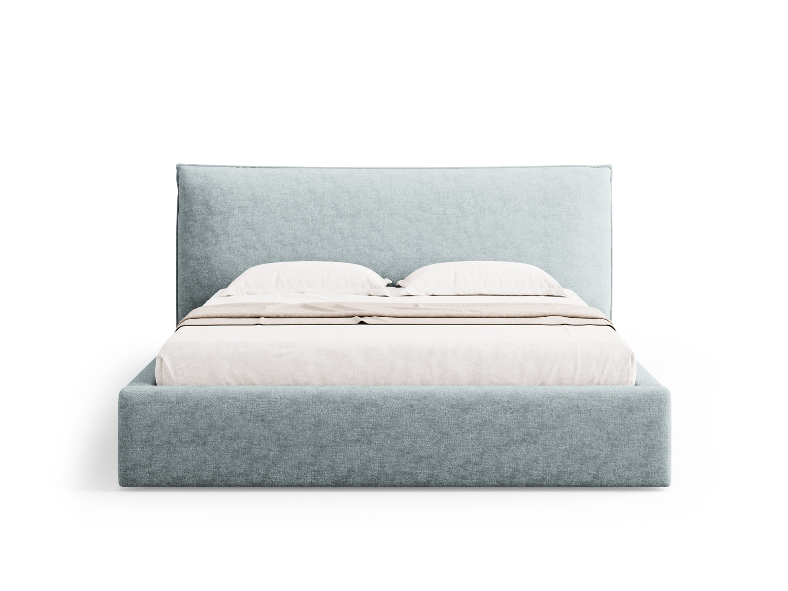 Stylisches Kaelle Bett in sanftem Hellblau, ausgestattet mit praktischem Stauraum und einem ansprechenden Kopfteil für zeitgemäße Wohnräume.