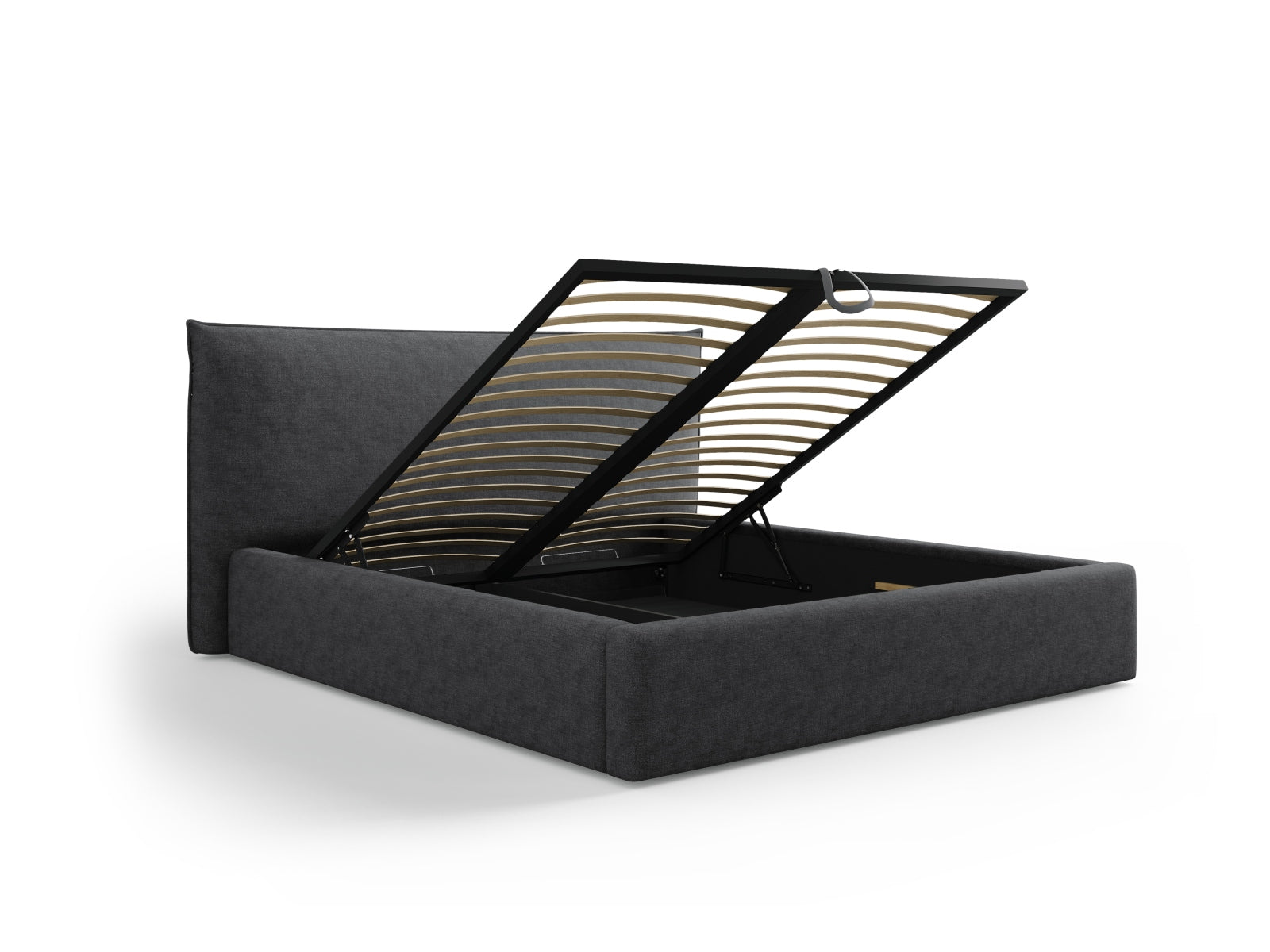 Modernes Kaelle Bett in Dunkelgrau mit praktischem Stauraum und ansprechendem Kopfteil, ideal für stilvolle Schlafzimmer.