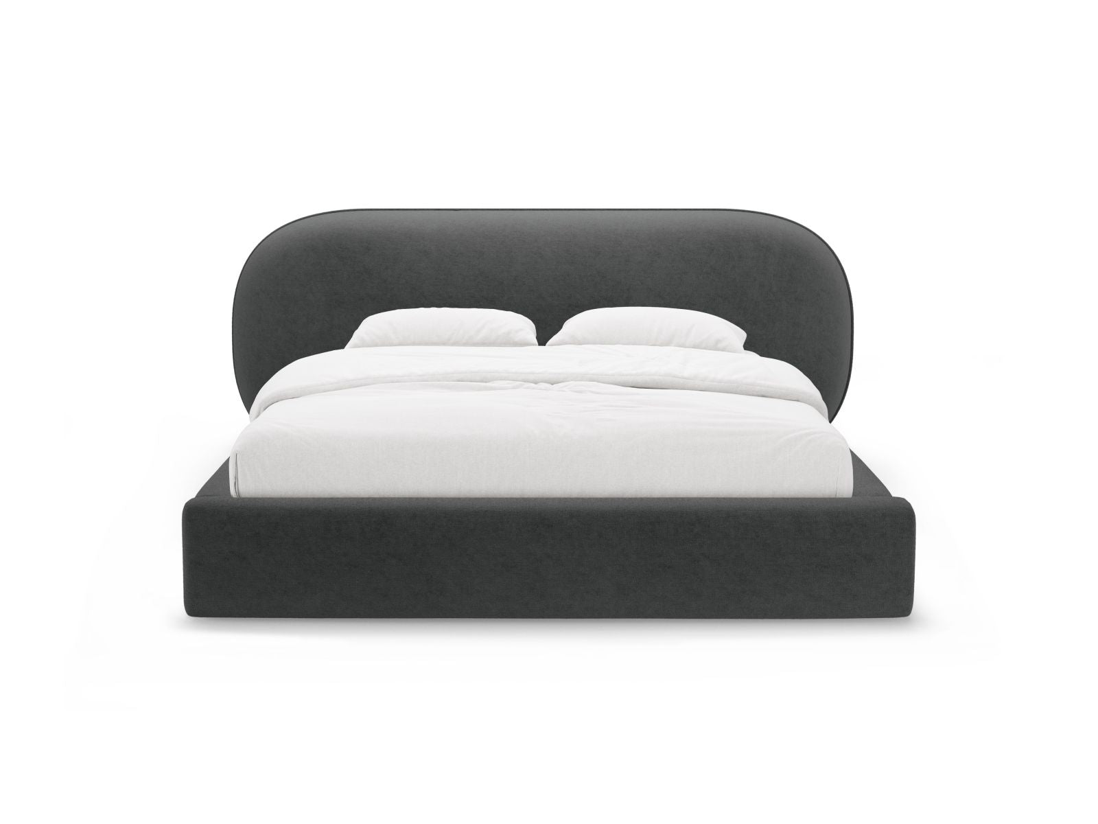 Elegantes Ovalo Bett mit 140 cm Breite, Stauraum und stilvollem Kopfteil in Dunkelgrau, ideal für moderne Schlafzimmer.