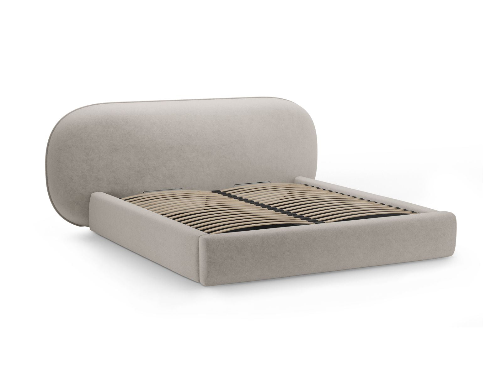 Modernes Ovalo Bett mit 140 cm Breite, praktischen Stauraum und geschmackvollem Kopfteil in sanftem Beige, perfekt für stilvolle Schlafzimmer.