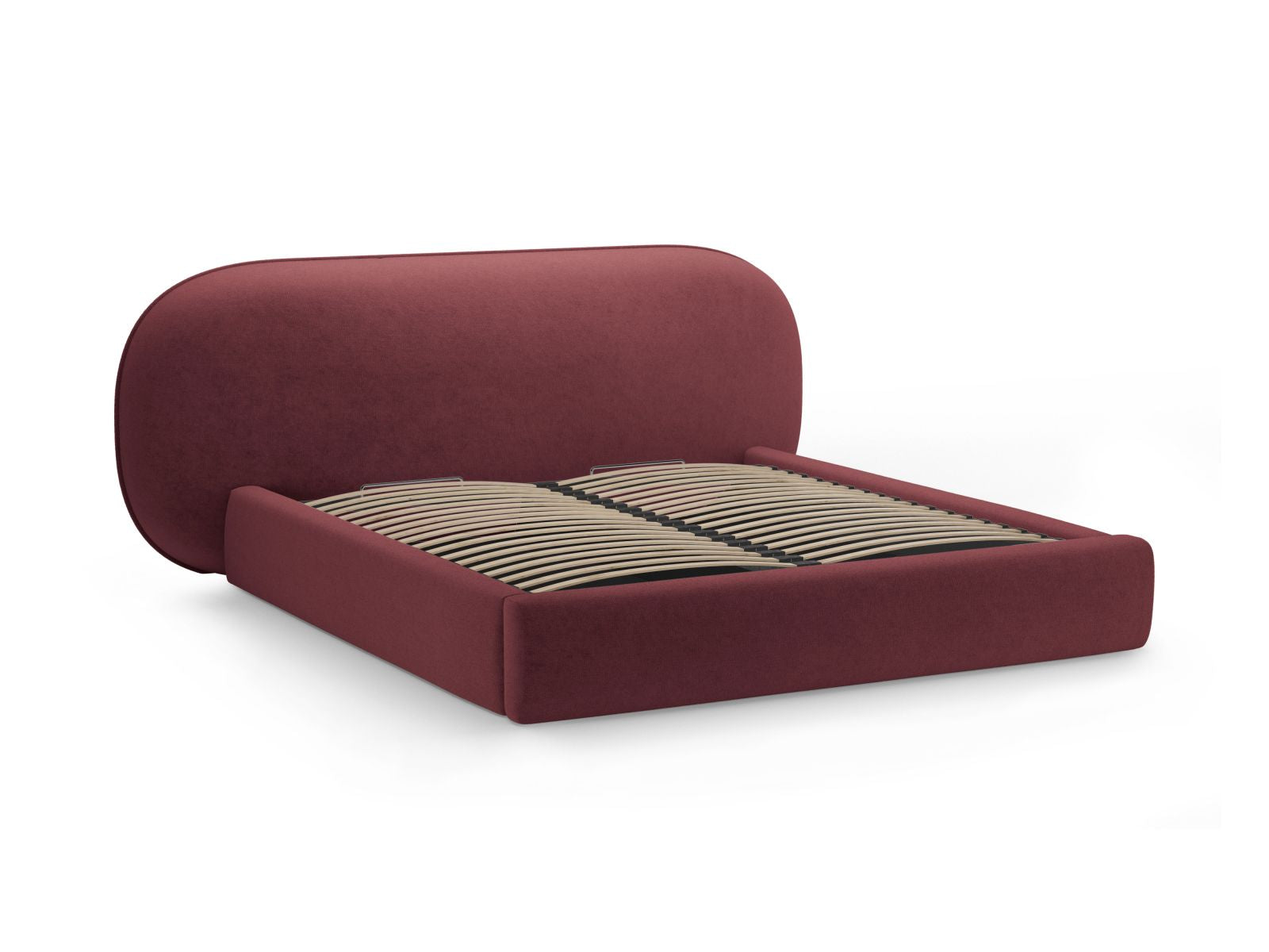 Modernes Ovalo Bett mit 140 cm Breite, praktischen Stauraum und geschmackvollem Kopfteil in Cherrywood, perfekt für stilvolle Schlafzimmer.