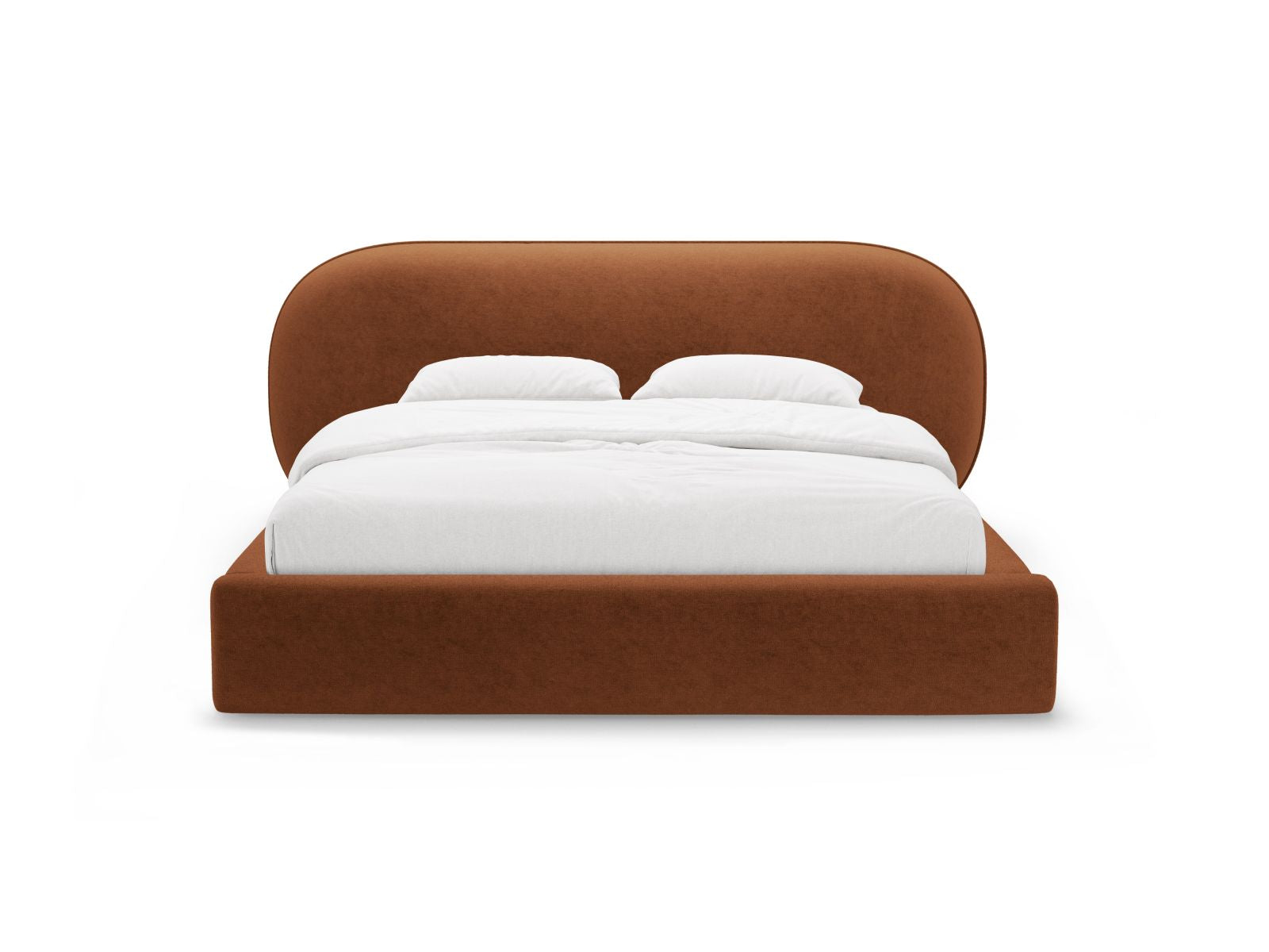 Elegantes Ovalo Bett mit 140 cm Breite, Stauraum und stilvollem Kopfteil in Terracotta, ideal für modernes Wohnen.