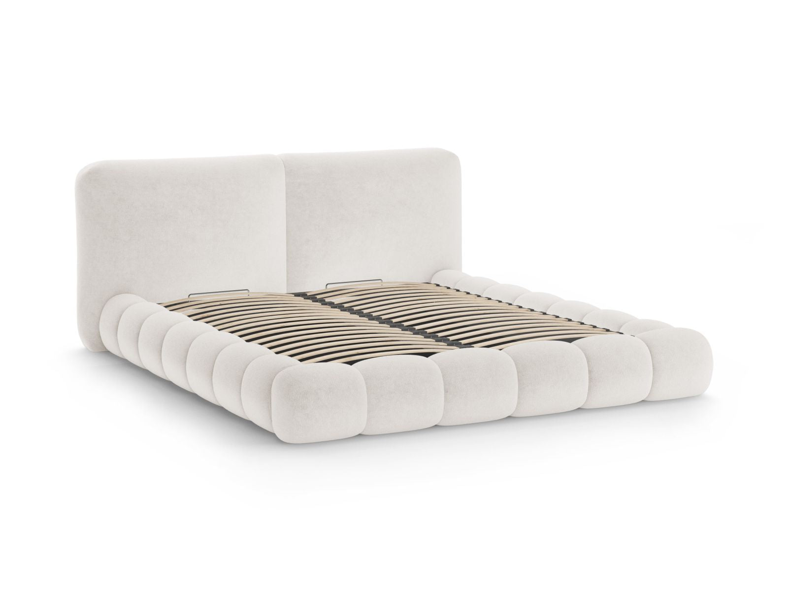 Elegantes Solange Bett mit 140 cm hohem Kopfteil und praktischem Stauraum in sanftem Beige, ideal für jedes Schlafzimmer.