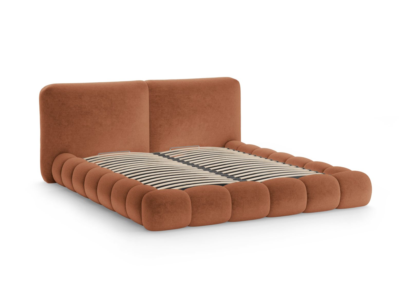 Elegantes Solange Bett in warmem Terracotta, 140 cm breit, bietet cleveren Stauraum und ein modernes Kopfteil für stilvolle Schlafzimmer.