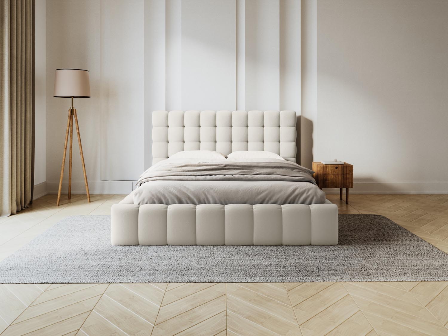 Elegantes Mamaia Bett mit praktischem Stauraum und stilvollem Headboard in Light Beige und Schwarz, ideal für moderne Schlafzimmer.