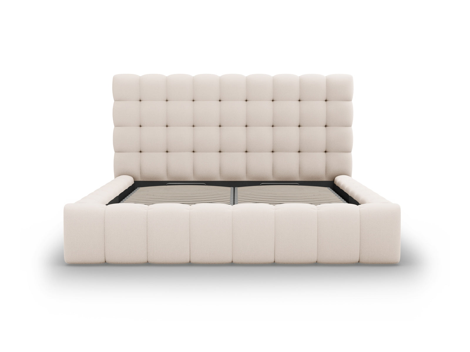 Elegantes Mamaia Bett mit praktischem Stauraum und modernem Kopfteil in neutralen Farben, ideal für moderne Schlafzimmer.
