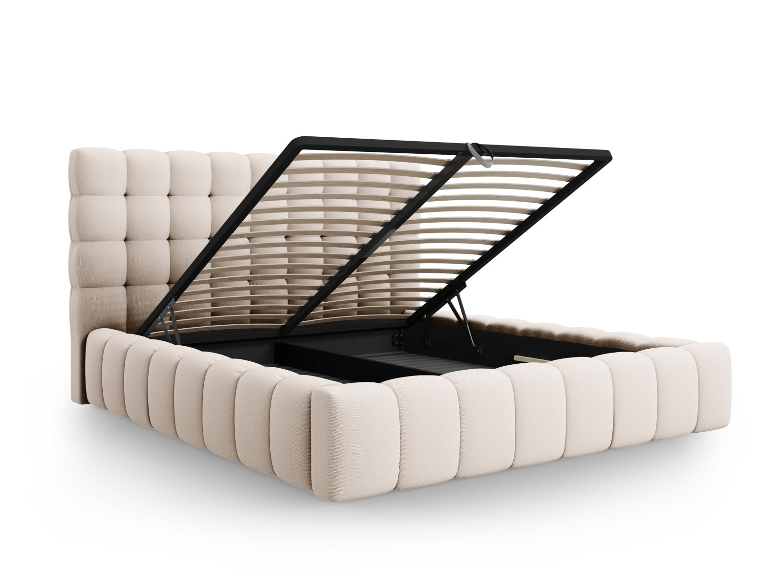 Stylisches Mamaia Bett mit integriertem Stauraum und ansprechendem Kopfteil, perfekt für zeitgemäße Schlafzimmergestaltung.