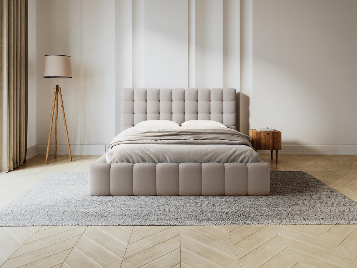 Elegantes Mamaia Bett mit praktischem Stauraum und stilvollem Headboard in Beige und Schwarz, ideal für moderne Schlafzimmer.