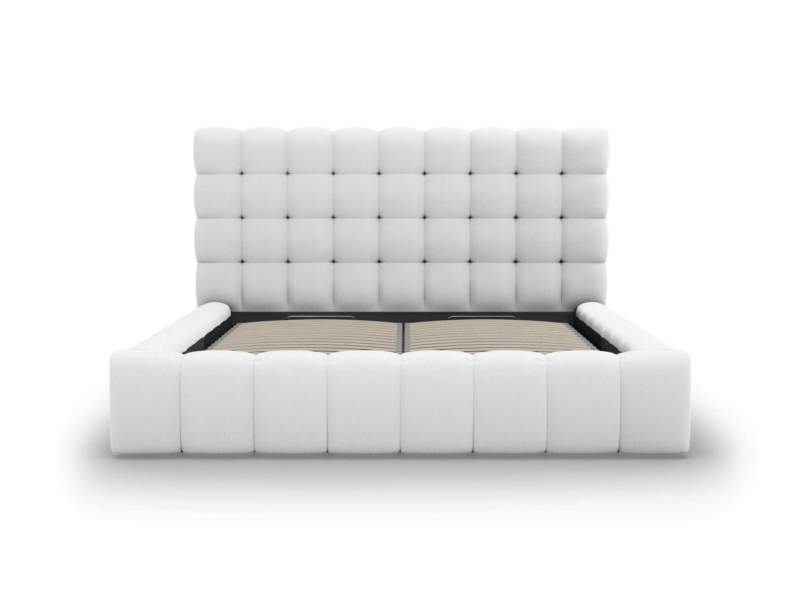 Modernes Mamaia Bett in 140 cm Breite, bietet cleveren Stauraum und ein ansprechendes Kopfteil in sanften Grautönen.