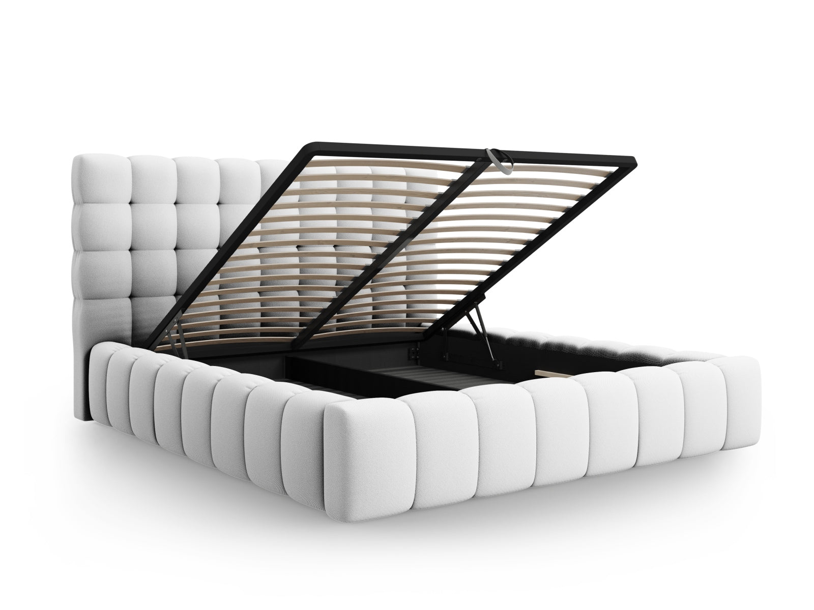 Stylisches Mamaia Bett mit 140 cm Breite, ausgestattet mit praktischem Stauraum und elegantem Kopfteil in dezenten Grautönen.