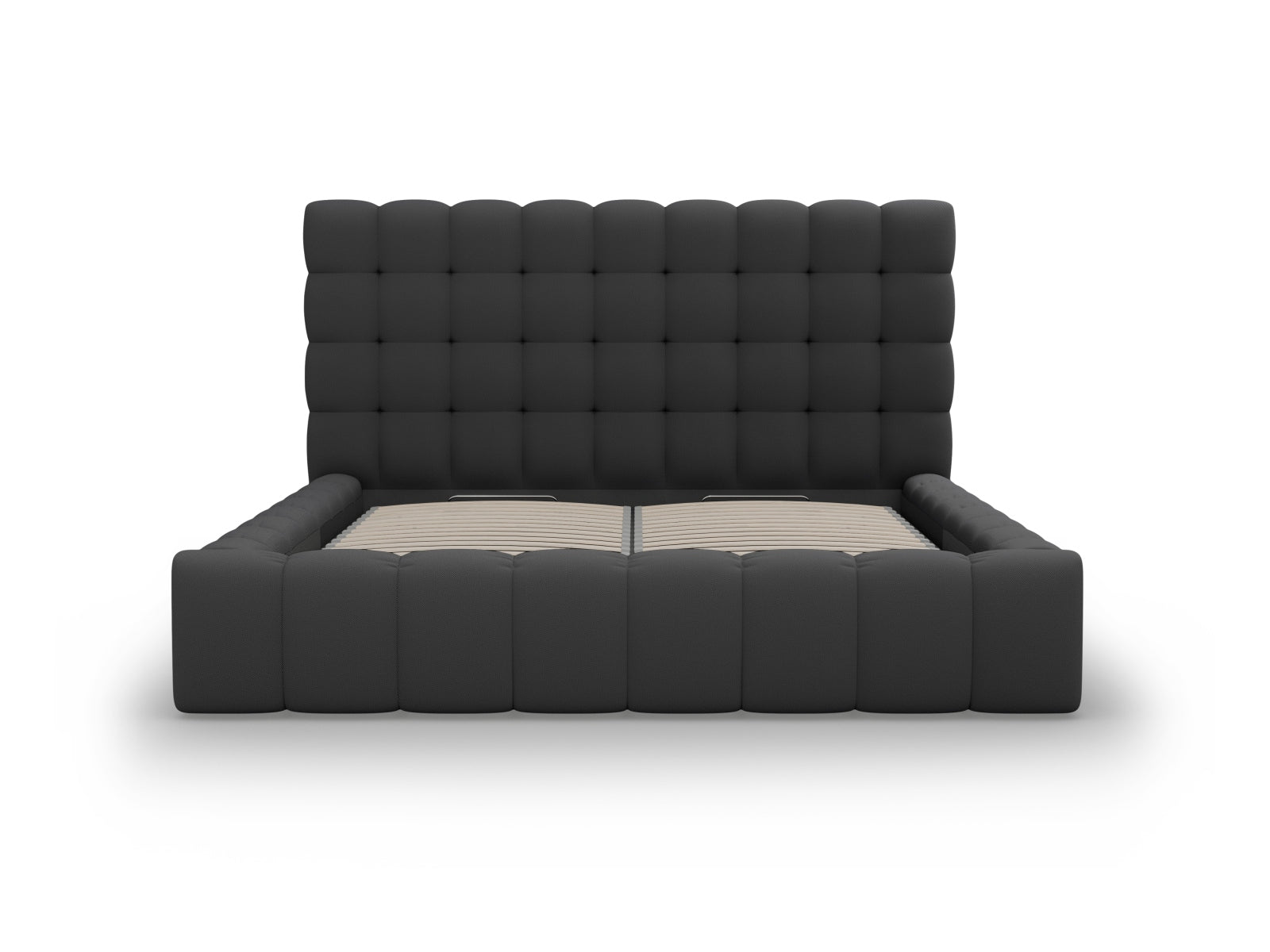 Elegantes Mamaia Bett in Dunkelgrau, ausgestattet mit praktischem Stauraum und einem modernen Kopfteil, ideal für stilvolle Schlafzimmer.
