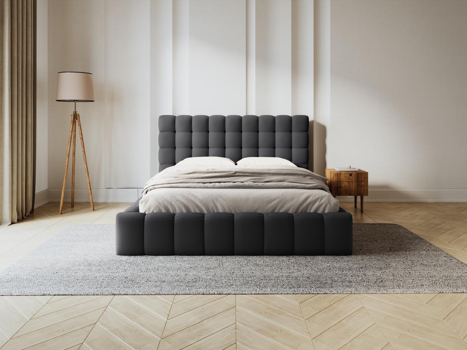 Elegantes Mamaia Bett mit praktischem Stauraum und stilvollem Headboard in Dunkelgrau/Schwarz, ideal für moderne Schlafzimmer.