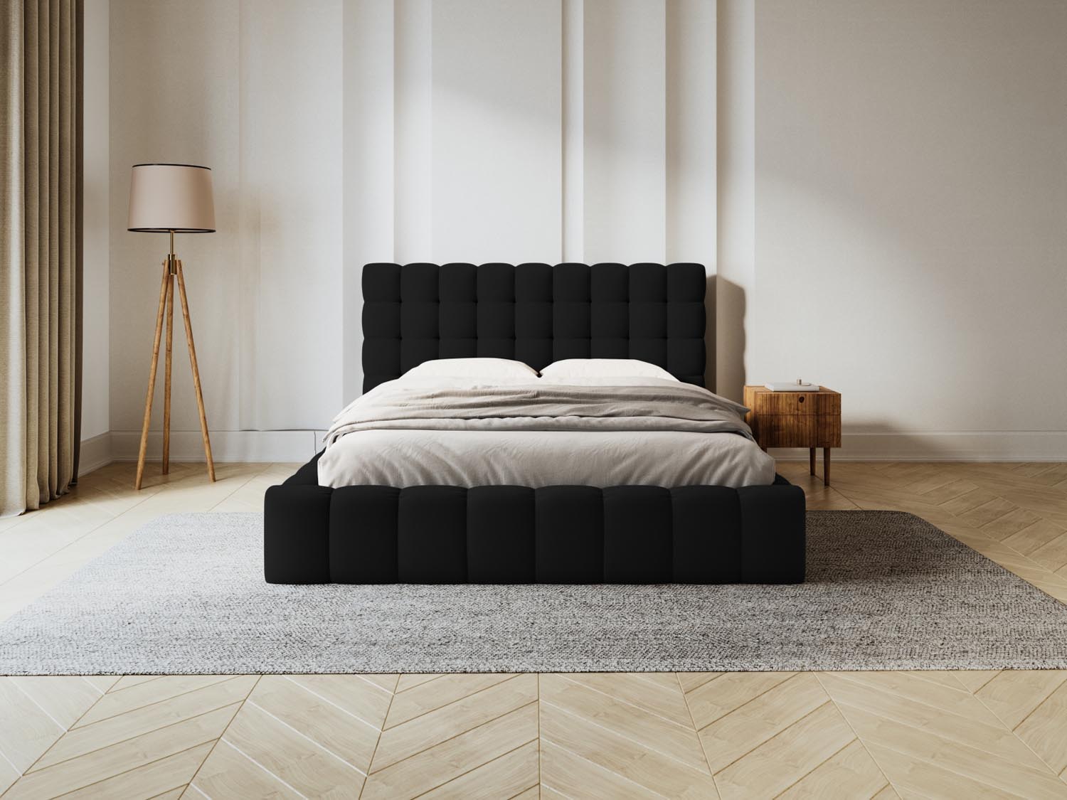 Elegantes Mamaia Bett mit praktischem Stauraum und stilvollem Headboard in Schwarz, ideal für moderne Schlafzimmer.