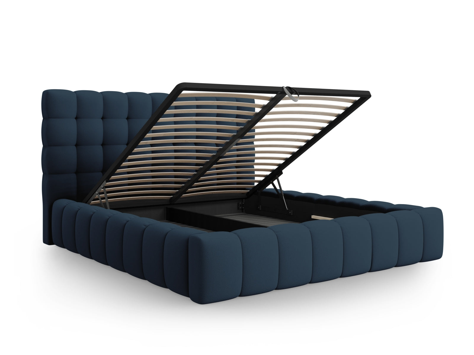 Elegantes Mamaia Bett mit 140 cm Breite, ausgestattet mit praktischem Stauraum und einem geschmackvollen Kopfteil in Blau und Schwarz.