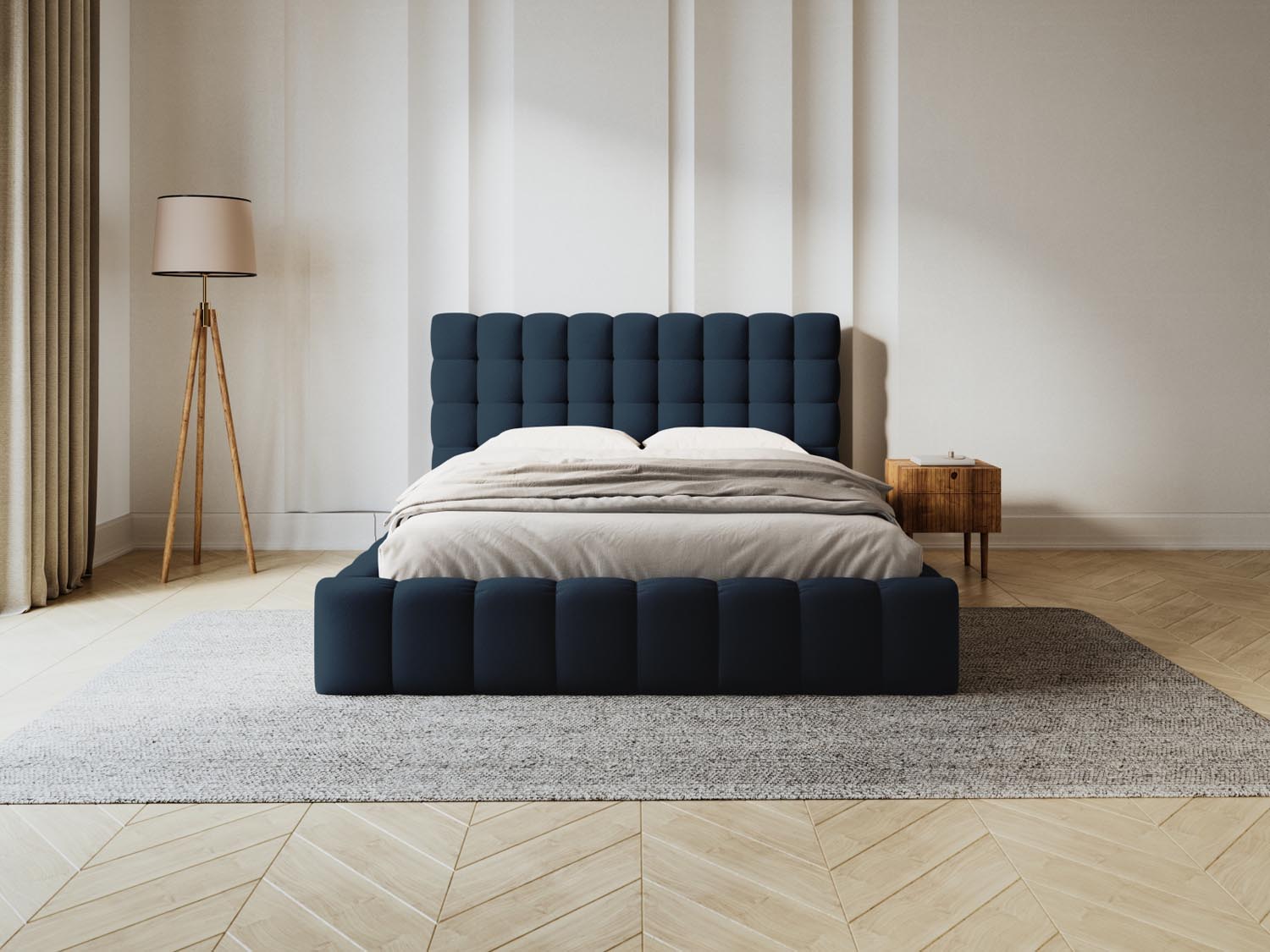 Elegantes Mamaia Bett mit praktischem Stauraum und stilvollem Headboard in Blau/Schwarz, ideal für moderne Schlafzimmer.