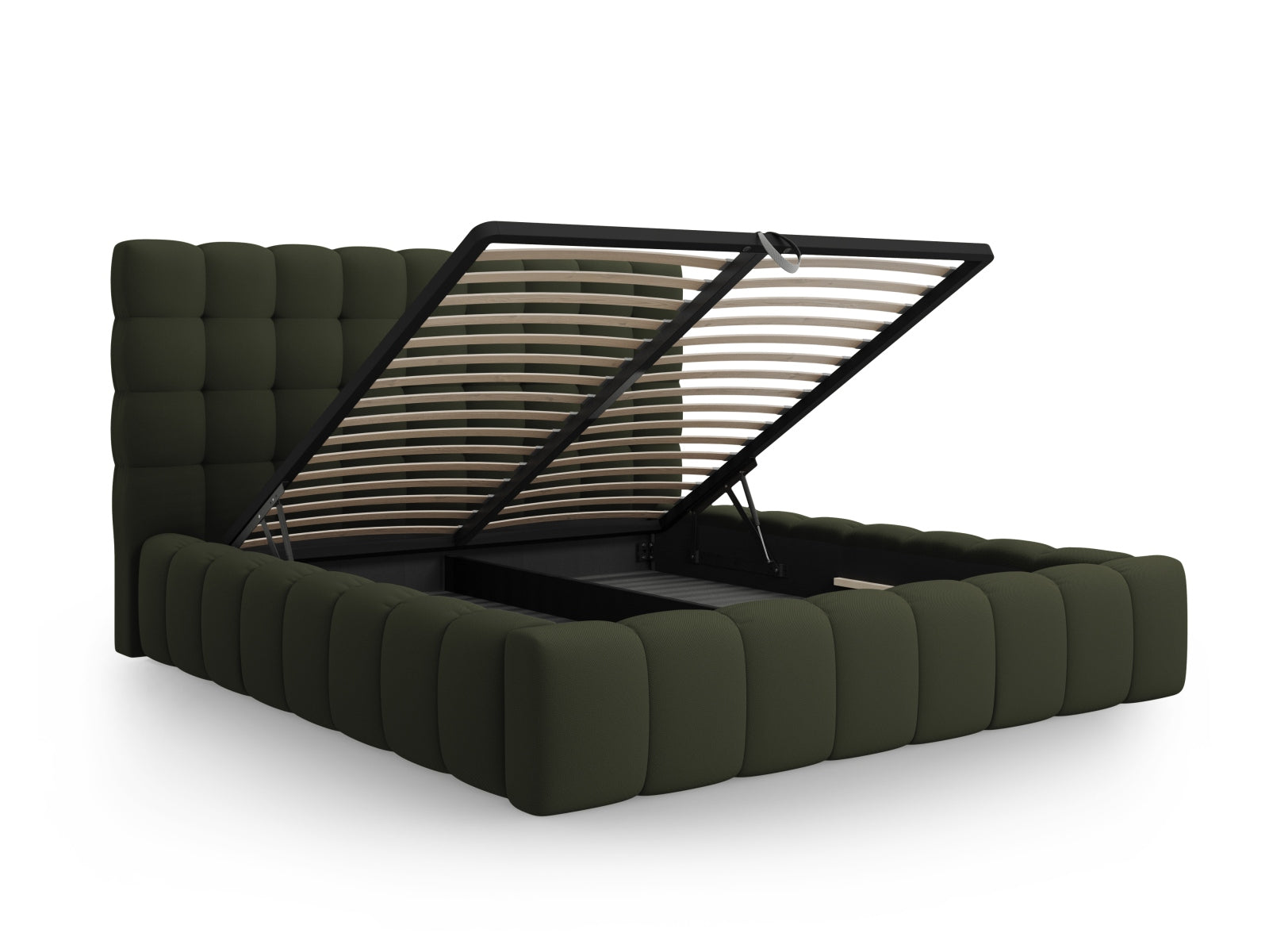 Stylisches Mamaia Bett mit 140 cm Breite, ausgestattet mit Stauraum und einem ansprechenden Kopfteil für funktionale Schlafzimmergestaltung.