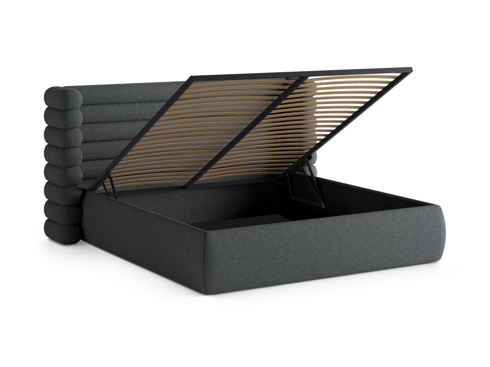 Elegantes Mount Bett in Dunkelgrau, ausgestattet mit praktischem Stauraum und einem stilvollen Kopfteil, perfekt für moderne Wohnräume.