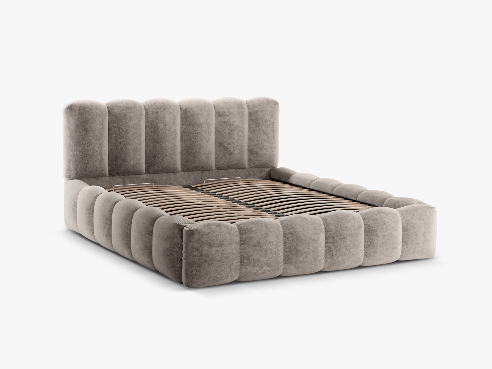 Modernes Lupine Bett in sanftem Cappuccino, ausgestattet mit praktischem Stauraum und einem ansprechenden Headboard für stilvolle Schlafzimmer.