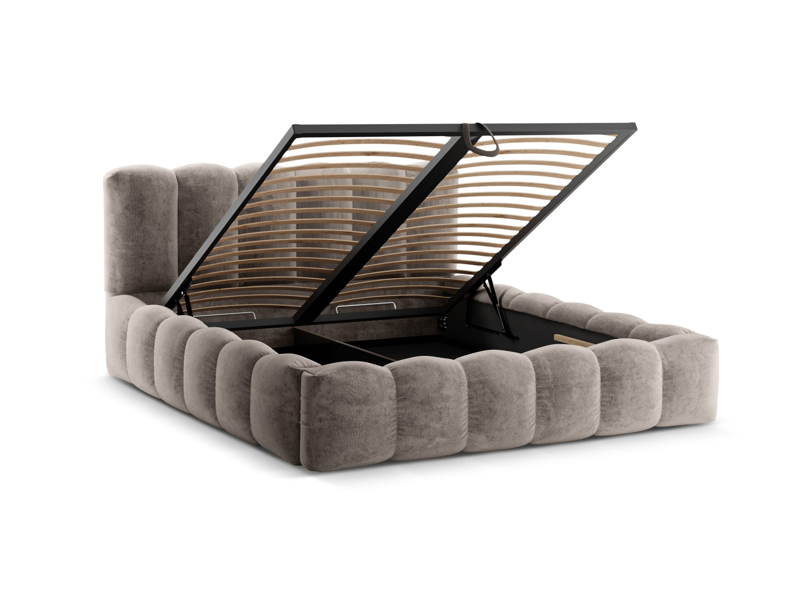 Modernes Lupine Bett in sanftem Cappuccino, ausgestattet mit praktischem Stauraum und einem ansprechenden Kopfteil für ein stilvolles Ambiente.