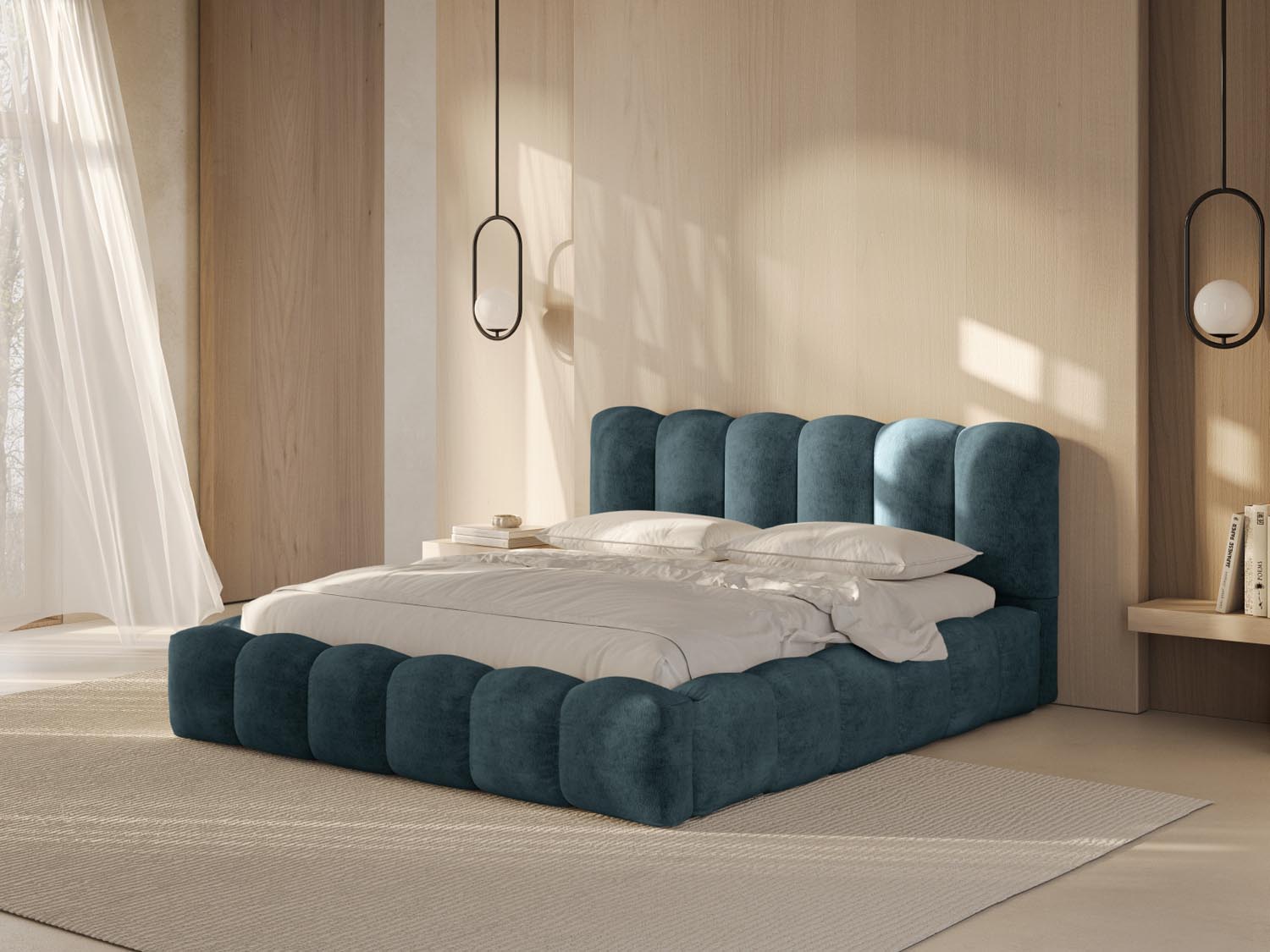 Stylisches Lupine Bett in Blue Jeans-Loris mit praktischem Stauraum und elegantem Headboard, ideal für moderne Schlafzimmer.