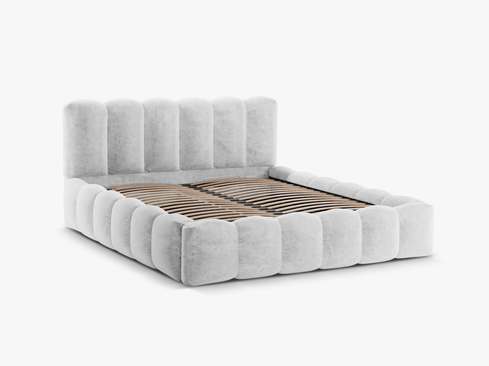 Elegantes Lupine Bett von Micadoni mit 140 cm Breite, ausgestattet mit Stauraum und einem ansprechenden Kopfteil in Silber.