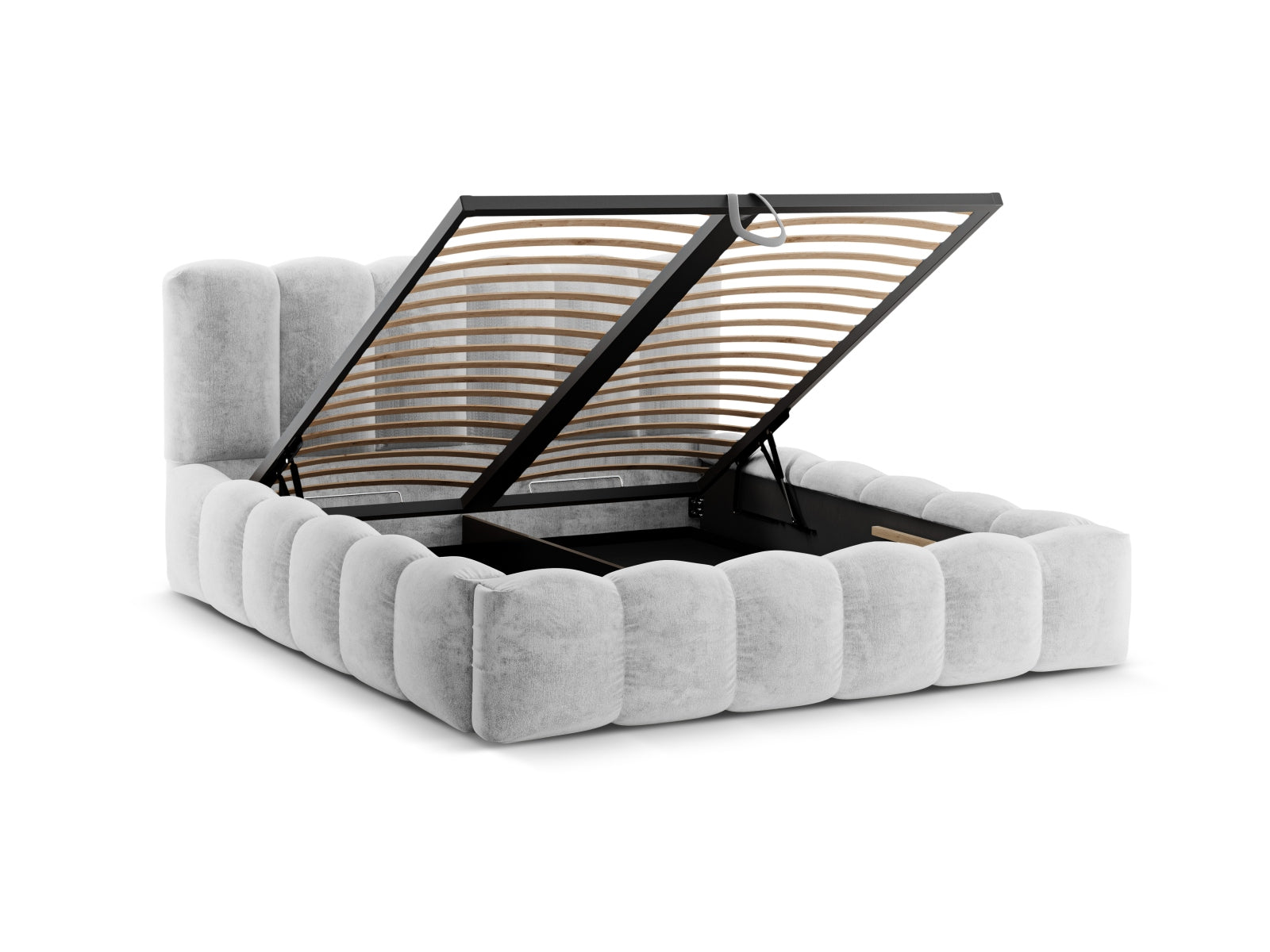 Elegantes Micadoni Bett Lupine mit 140 cm Breite, funktionalem Stauraum und geschmackvollem Kopfteil in Silber für stilvolle Schlafzimmergestaltung.