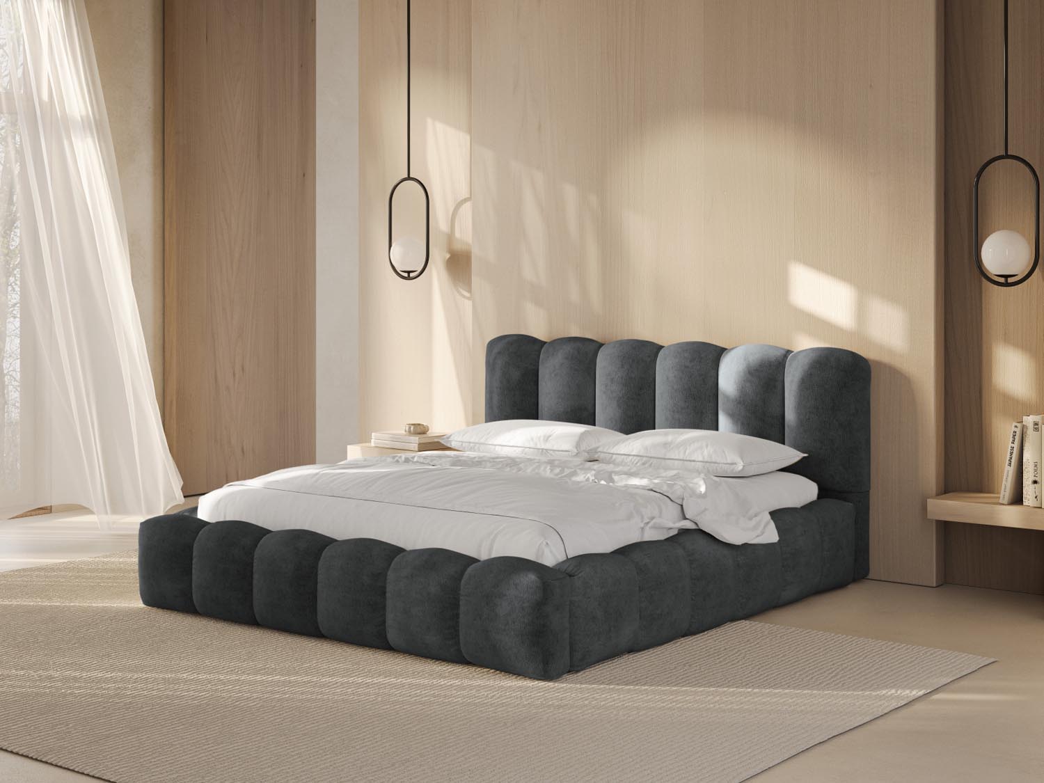 Elegantes Lupine Bett mit praktischem Stauraum und stilvollem Headboard in 140 cm Breite, ideal für moderne Schlafzimmer.
