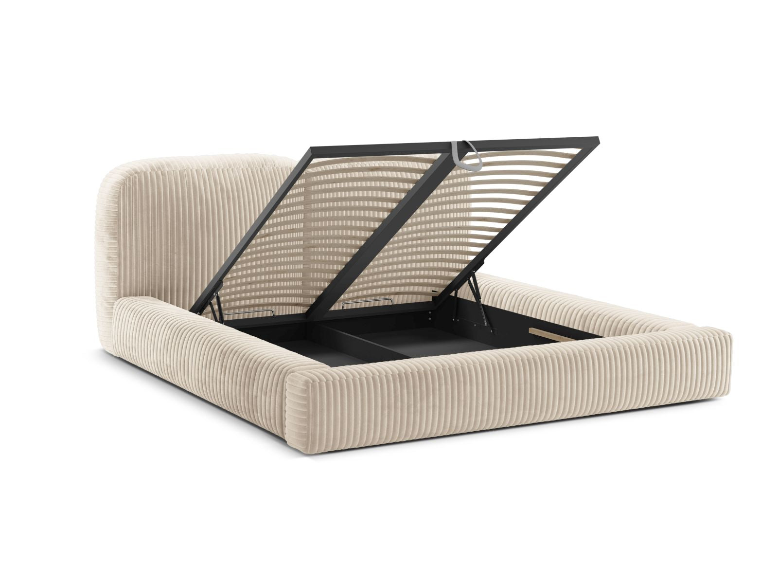 Stilvolles Martina Bett in sanftem Beige, 140 cm, mit praktischem Stauraum und ansprechendem Kopfteil – ideal für moderne Schlafzimmer.