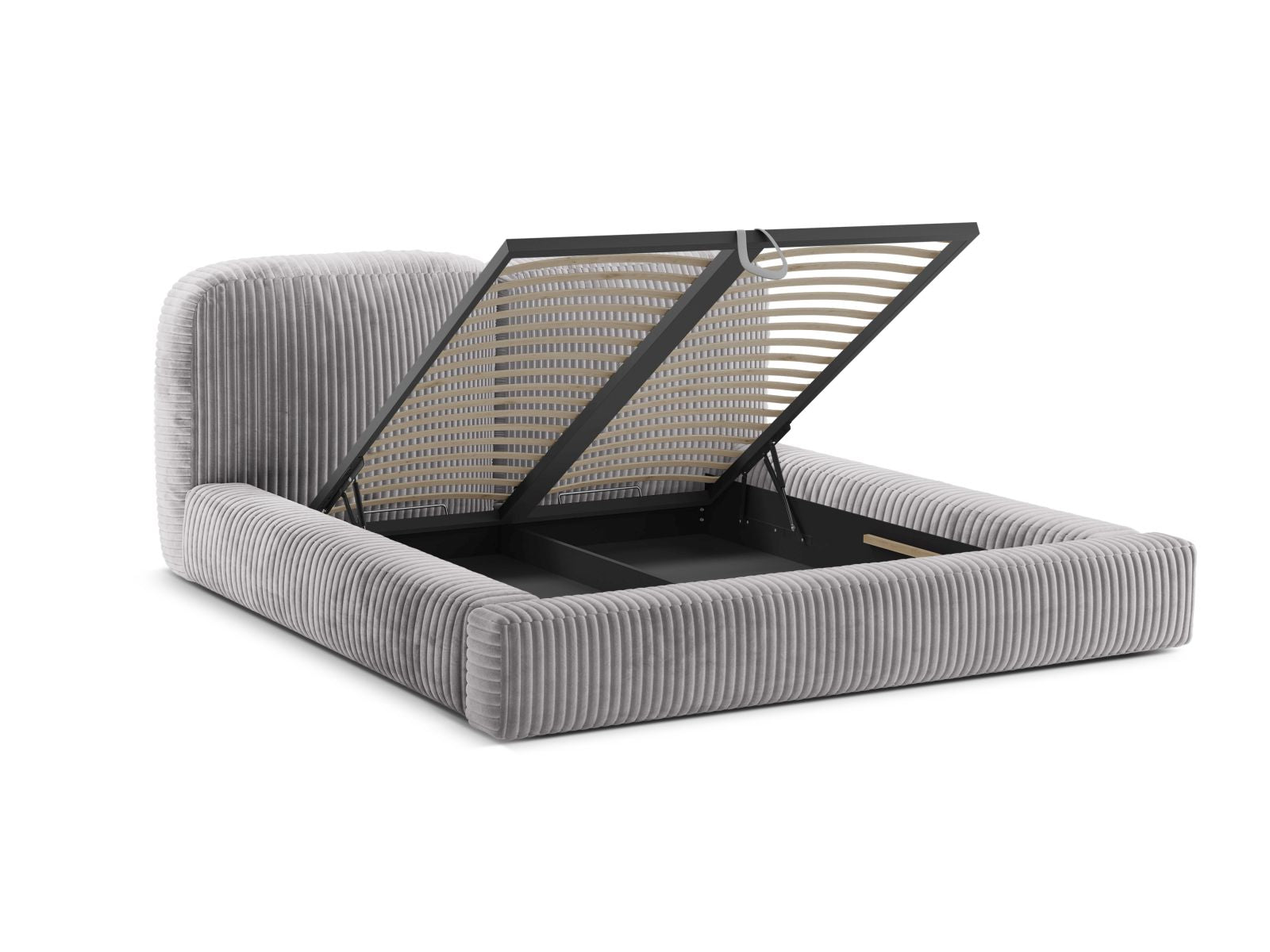 Stylisches Martina Bett in sanftem Light Grey-Tilia, 140 cm, mit praktischem Stauraum und ansprechendem Kopfteil für ein modernes Ambiente.