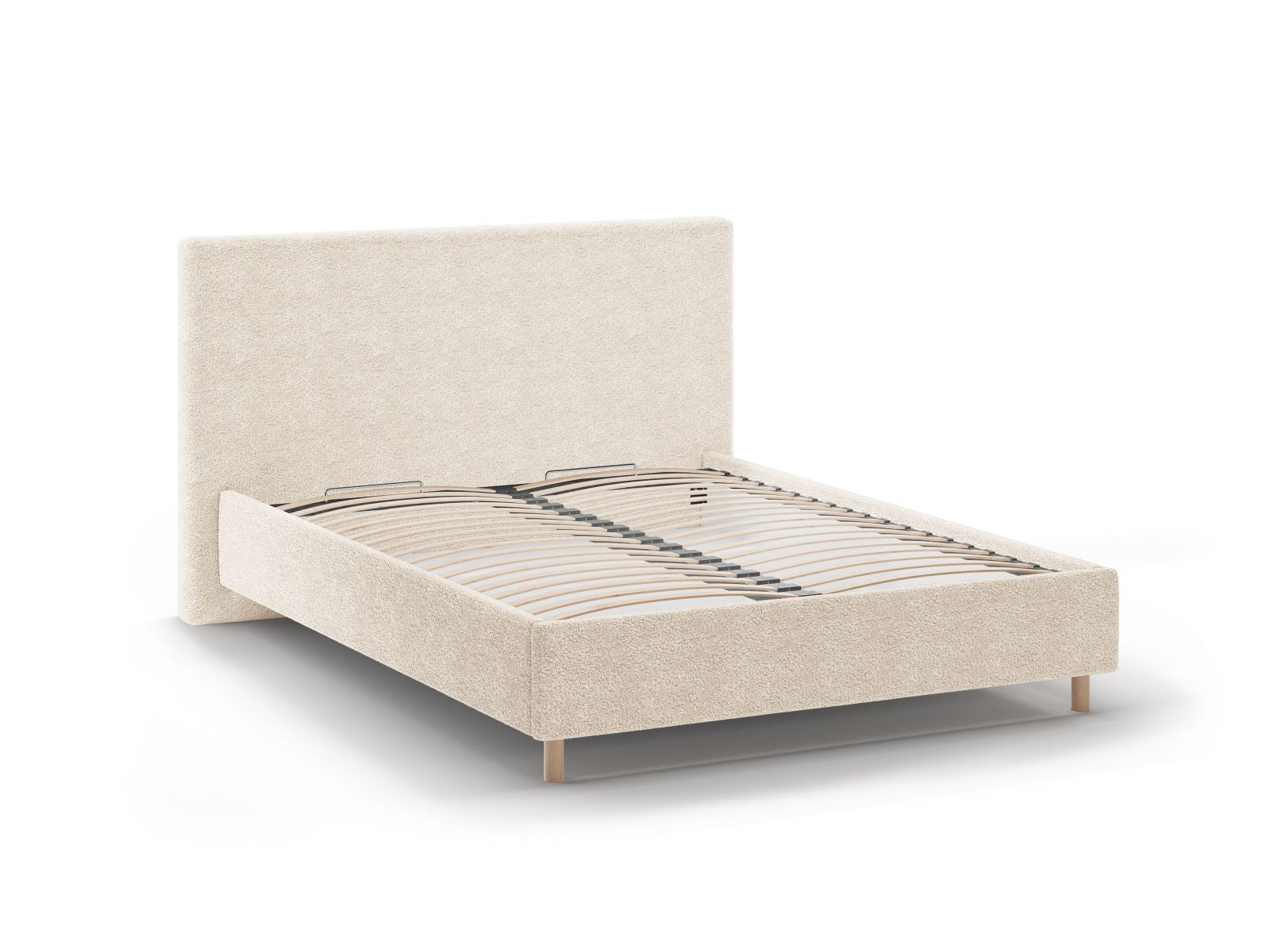 Elegantes Eloise Bett in zartem Beige, bietet cleveren Stauraum und ein geschmackvolles Kopfteil für ein gemütliches Ambiente.