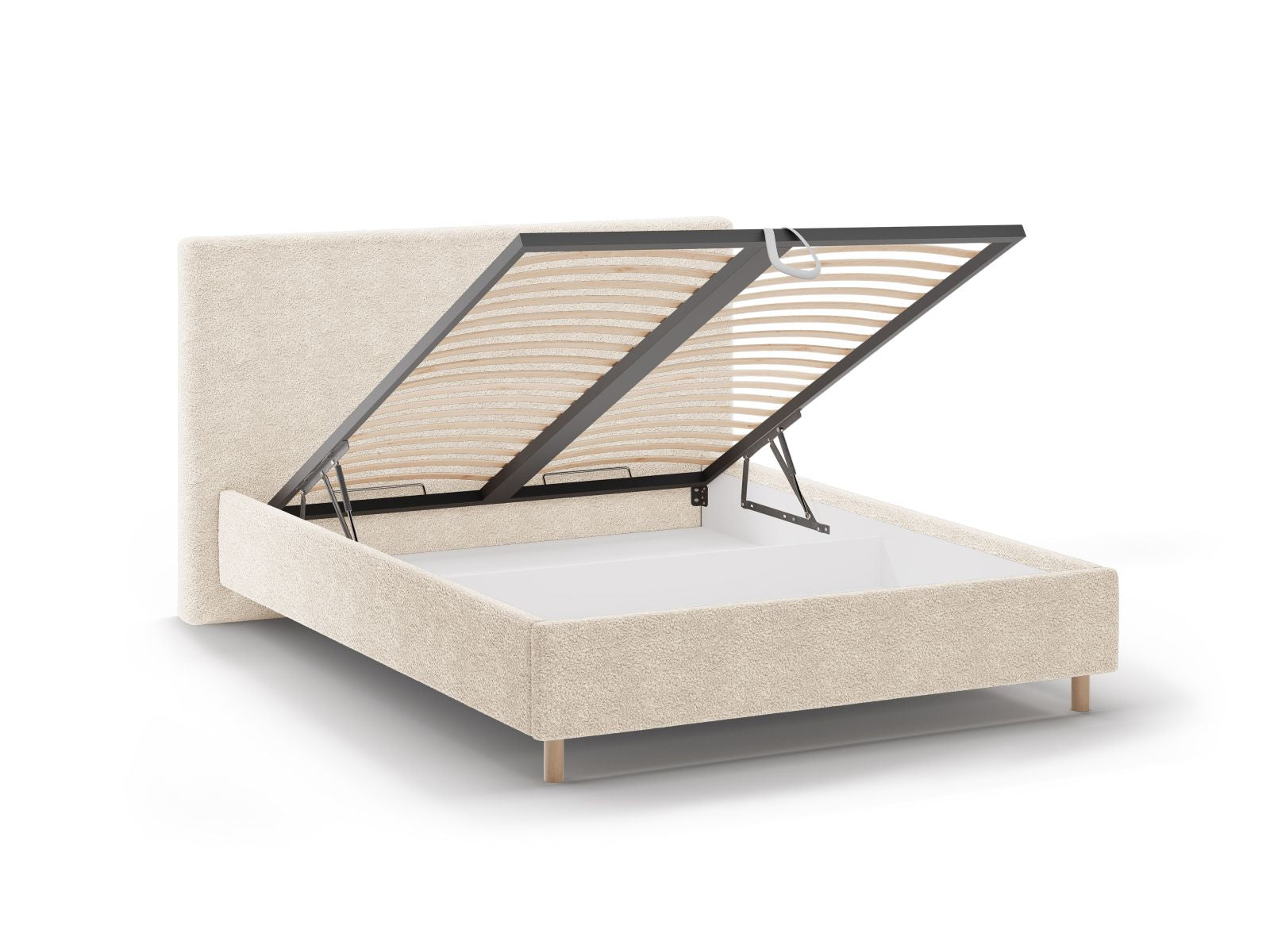 Stylisches Eloise Bett in sanftem Beige, ausgestattet mit praktischem Stauraum und einem ansprechenden Kopfteil für ein einladendes Schlafzimmer.