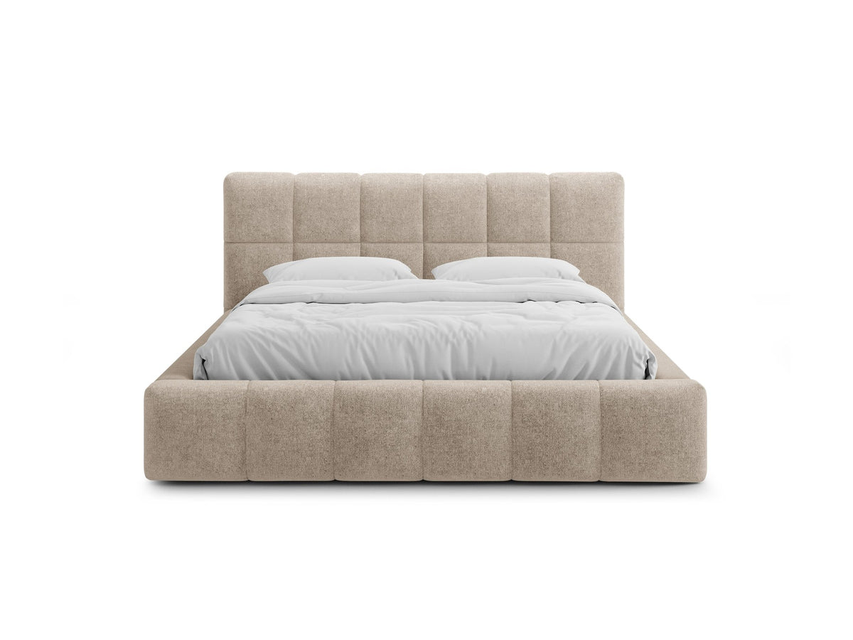 Polsterbett Bellis mit Kopfteil in Leichtes beige, Stoff Eden, Bettkasten mit Frontöffnung und schwarzen Kunststoffbeinen.