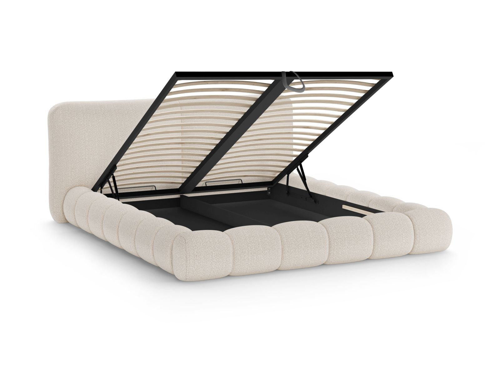 Stylisches Solange Bett mit 140 cm Breite, bietet cleveren Stauraum und ein geschmackvolles Kopfteil in sanftem Beige, perfekt für jedes Schlafzimmer.