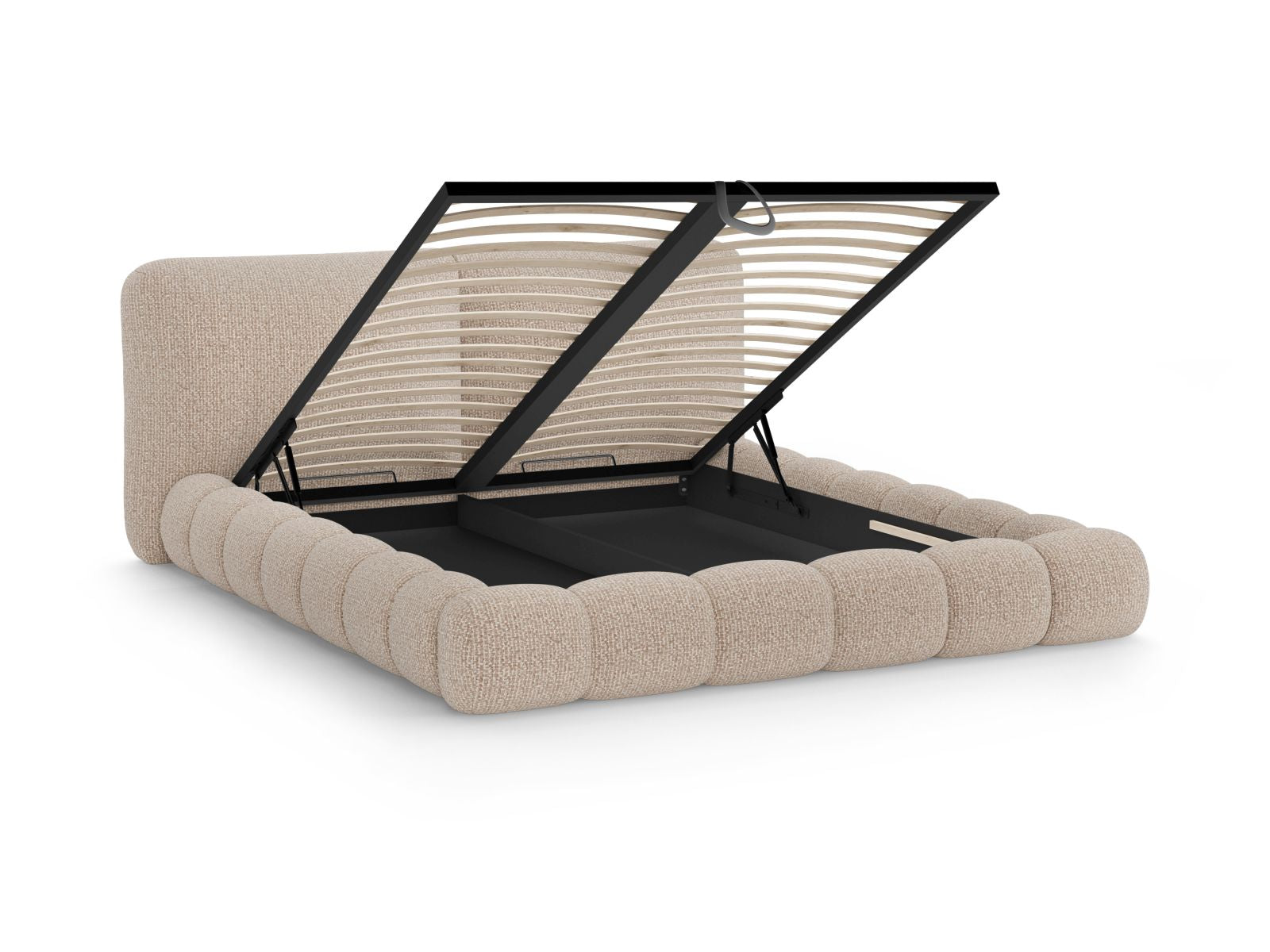 Modernes Solange Bett mit 140 cm Breite, ausgestattet mit praktischem Stauraum und einem ansprechenden Kopfteil in sanften Erdtönen.