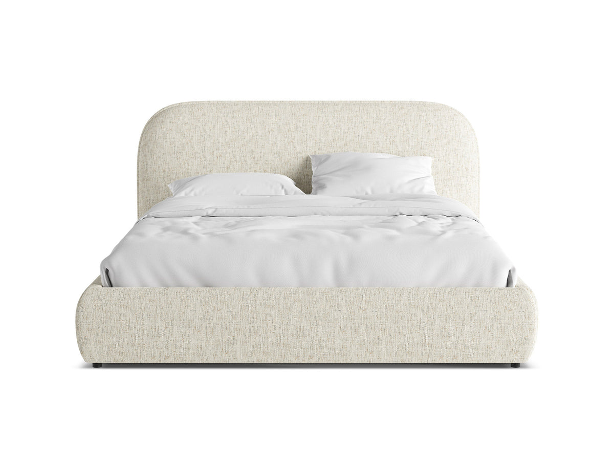 Murada Bett mit gepolstertem Kopfteil, Stoffbezug Tracy in Light Beige Melange, schwarze Kunststoffbeine, Holz- und Sperrholzlattenrahmen, Grösse 140x200 cm.