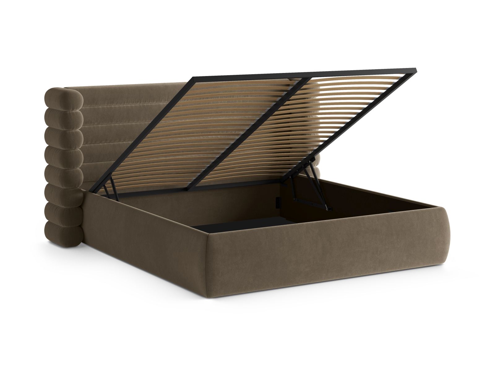 Modernes Mount Bett mit 140 cm Breite, ausgestattet mit praktischem Stauraum und einem stilvollen Kopfteil in Grey Brown-Salvador, perfekt für jedes Schlafzimmer.