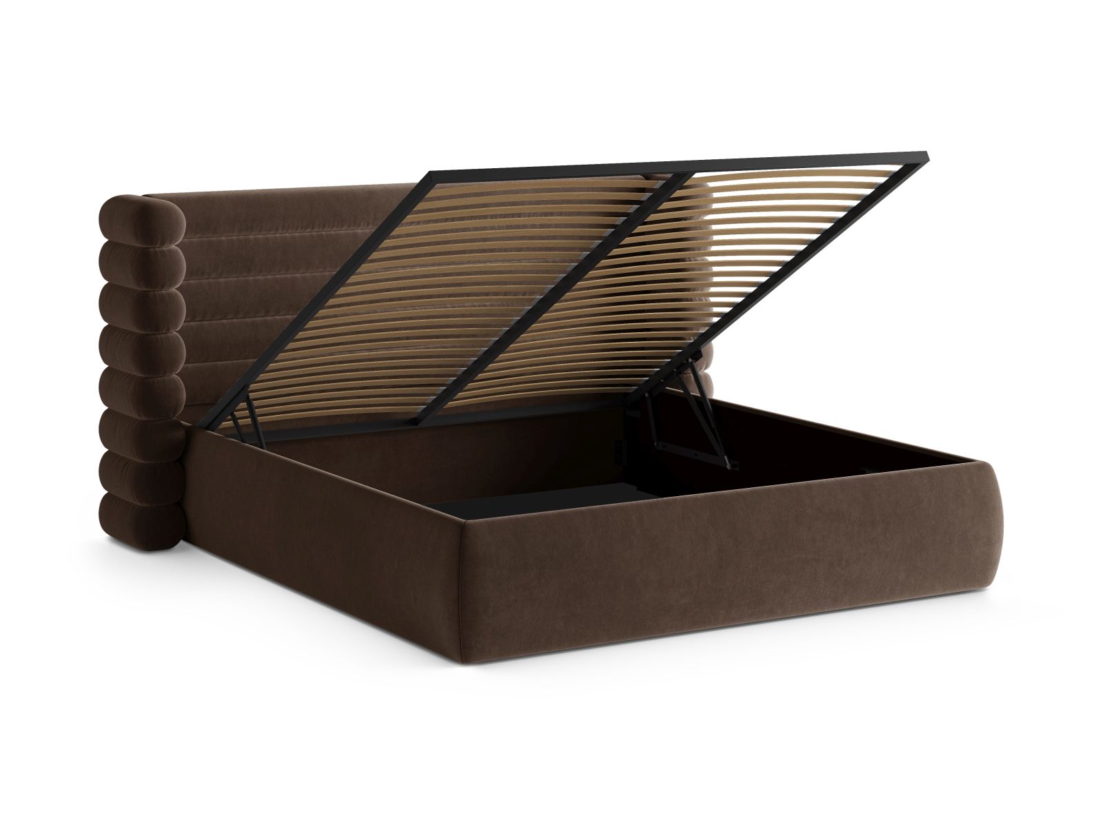 Stylisches Mount Bett mit 140 cm Breite, ausgestattet mit praktischem Stauraum und einem ansprechenden Kopfteil für zeitgemäße Wohnräume.