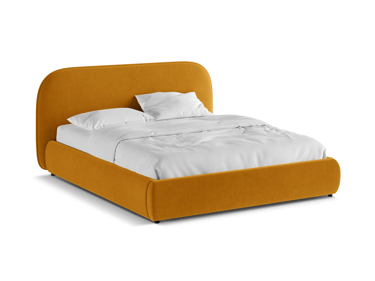 Murada Bett mit gepolstertem Kopfteil, Stoffbezug Tracy in Light Beige Melange, schwarze Kunststoffbeine, Holz- und Sperrholzlattenrahmen, Grösse 140x200 cm.
