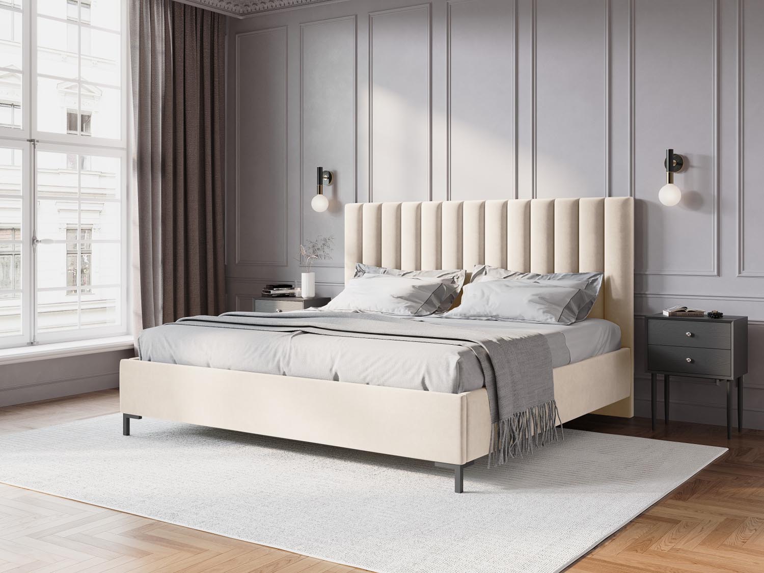 Erleben Sie das elegante Allison Velour Bett von Micadoni – perfekt für Ihr modernes Schlafzimmer, mit praktischem Stauraum und stilvollem Headboard.
