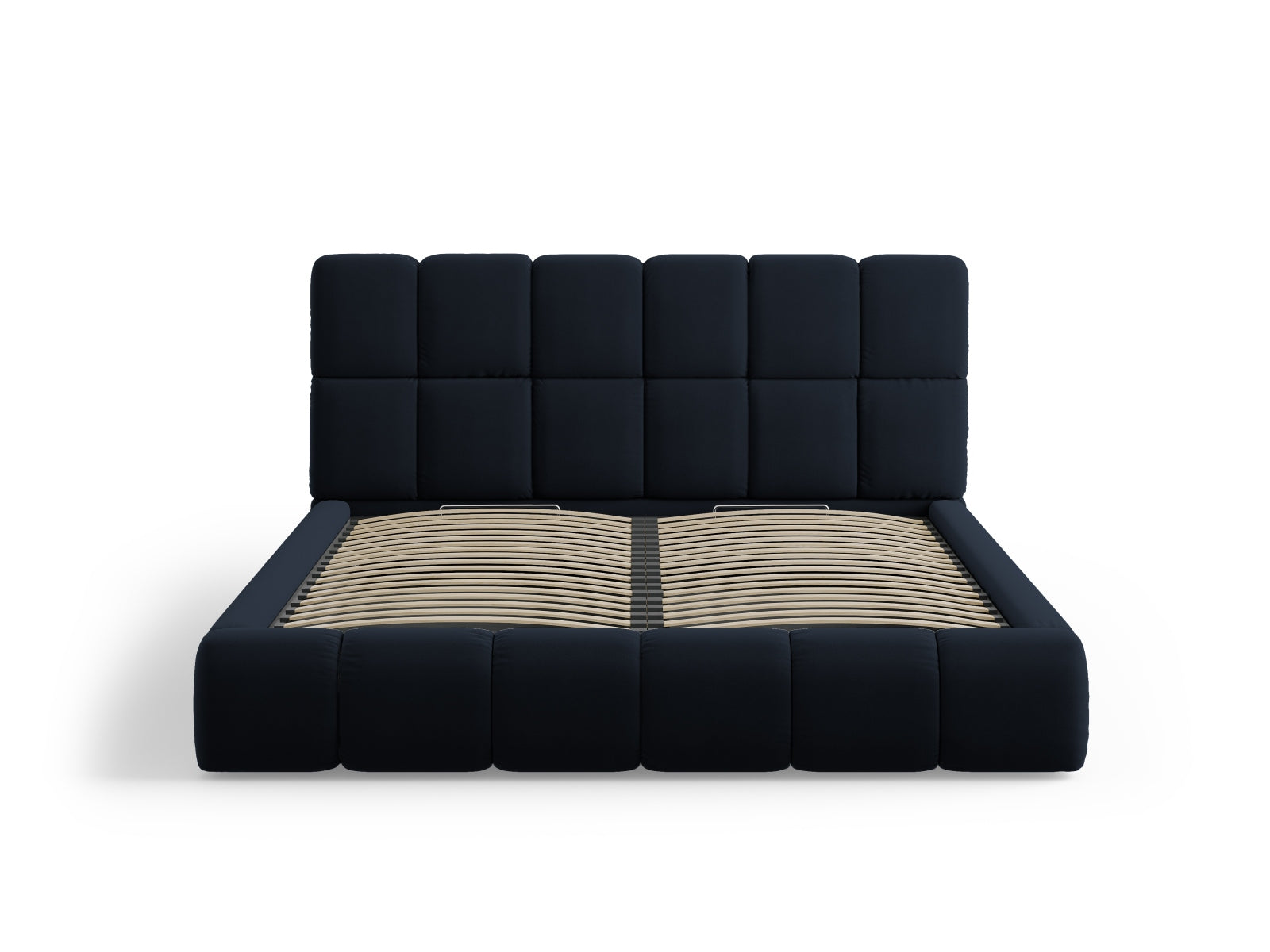 Elegantes Bellis Velour Bett in edlem Blau, bietet cleveren Stauraum und ein modernes Kopfteil für stilvolle Schlafzimmer.