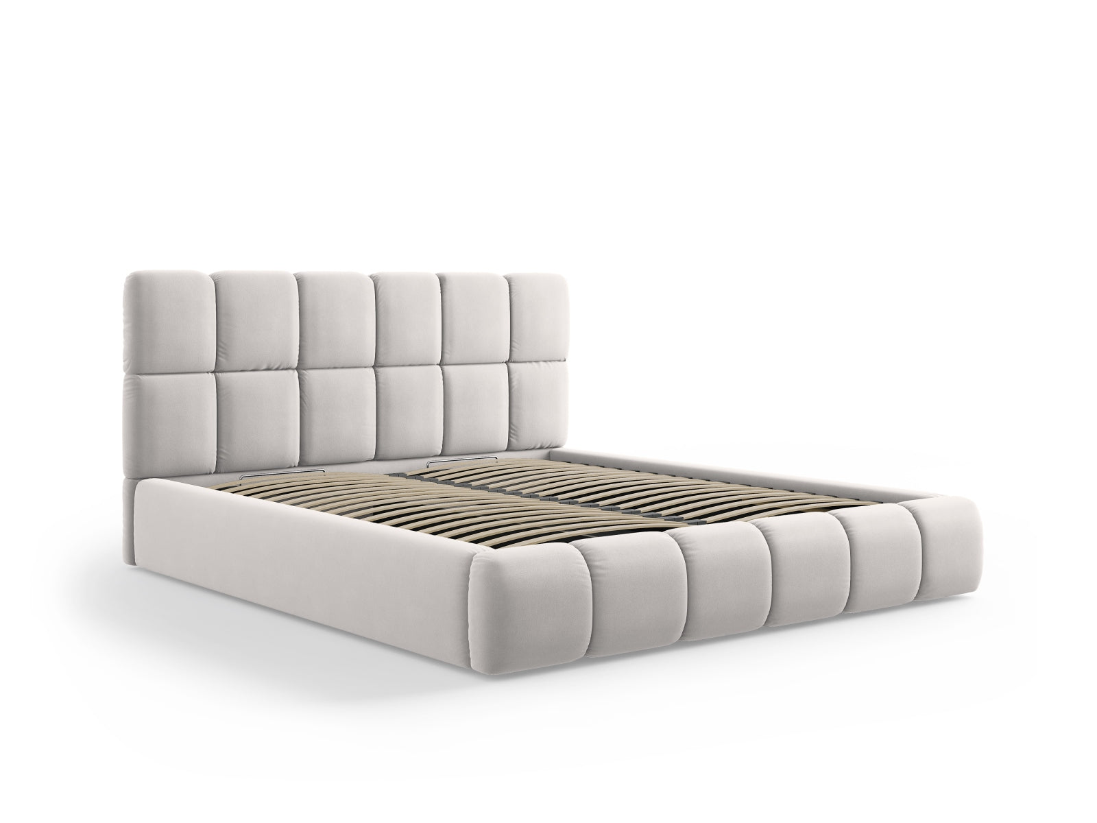 Stylisches Bellis Velour Bett in Silver-Bluvel, ausgestattet mit praktischem Stauraum und einem eleganten Kopfteil für zeitgemäße Schlafzimmer.